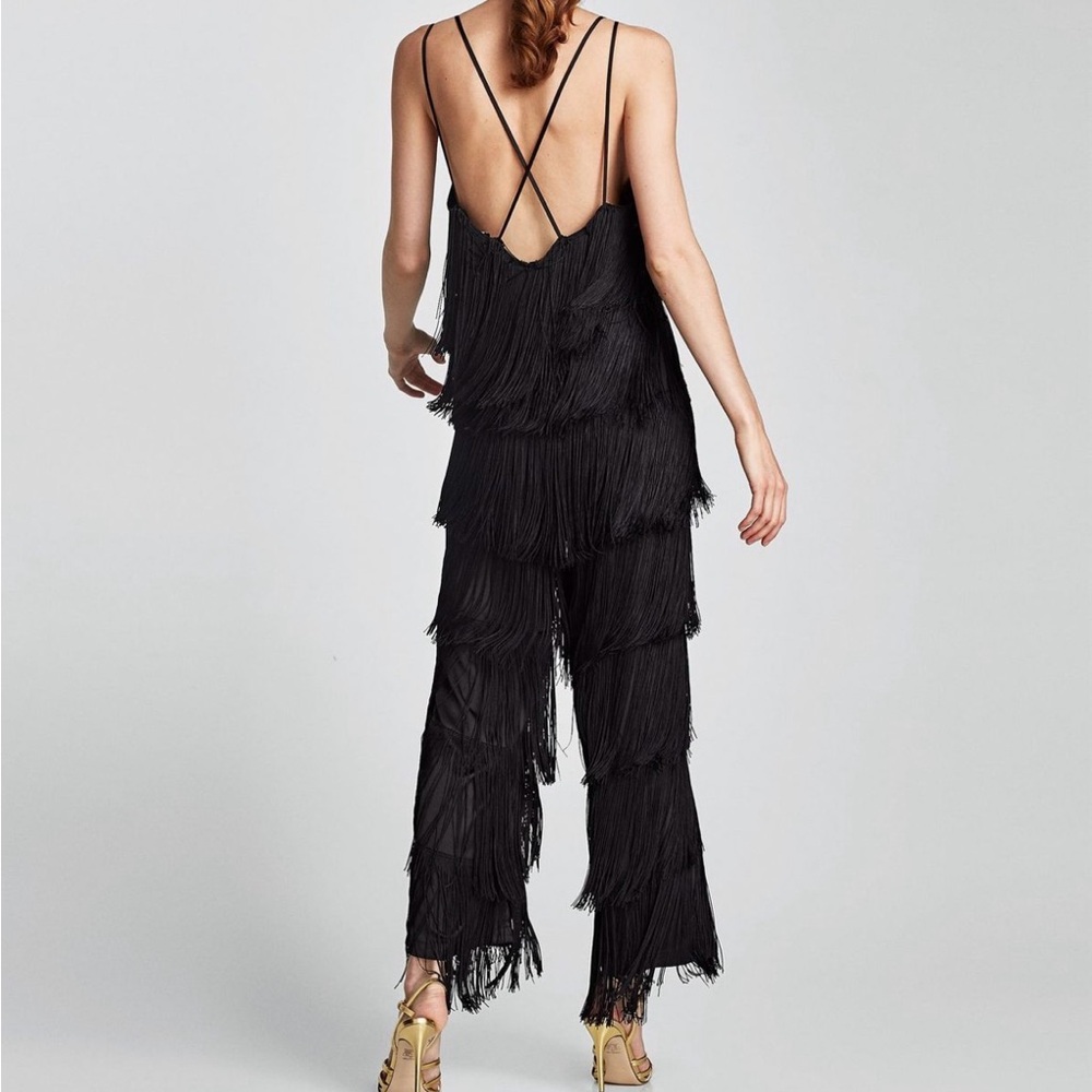 Zara Satin Fringe Jumpsuit - Size XS